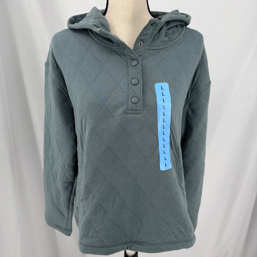 Lands End Womens Quilted Pullover Hoodie Light Blue Green Snap Neck Large 12-14